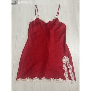 Vintage Victoria's Secret Satin Sleep Slip Sz S - Red - Ivory Lace Detail